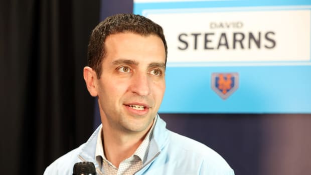 Feb 15, 2024; Tampa, FL, USA; New York Mets president of baseball operations David Stearns talks with media at George M. Steinbrenner Field. Mandatory Credit: Kim Klement Neitzel-USA TODAY Sports